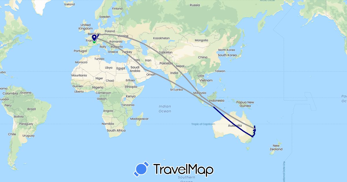 TravelMap itinerary: driving, bus, plane, boat in Australia, Germany, France, Indonesia, Qatar, Singapore (Asia, Europe, Oceania)